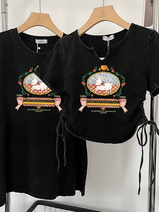 European goods made of old washed short-sleeved t-shirt women's summer design sense niche short drawstring hot girl top 2023 new