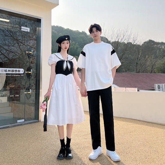 Temperament couple outfit summer skirt a Korean version of the short-sleeved top niche design stitching navy collar dress