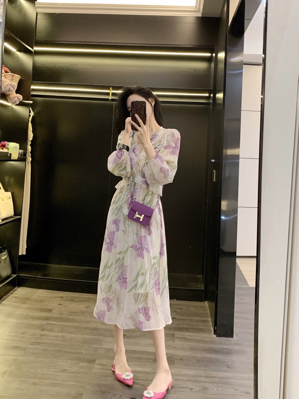 Leathercat dress female 2023 new French sweet temperament small waist slim floral dress