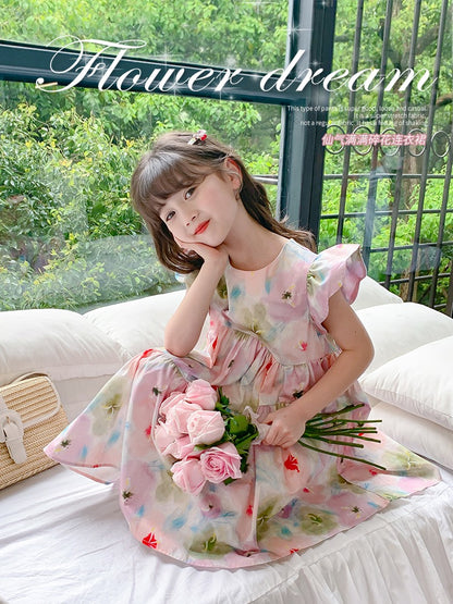 Girls summer dress 2023 new foreign style children's skirt summer little girl summer lotus leaf sleeve princess dress