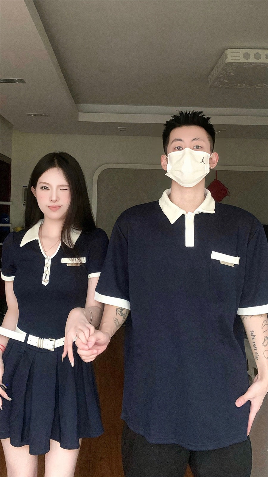 Niche design sense couple outfit summer Korean version polo short-sleeved T-shirt female dress French one skirt one clothes ins tide