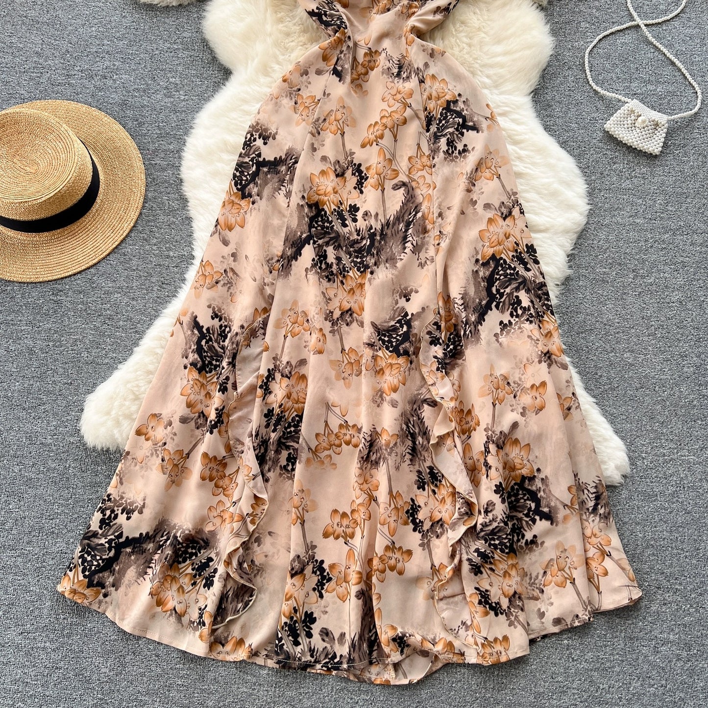 French romantic retro atmosphere floral suspender dress female hollow tie waist waist temperament super fairy holiday dress