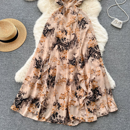 French romantic retro atmosphere floral suspender dress female hollow tie waist waist temperament super fairy holiday dress