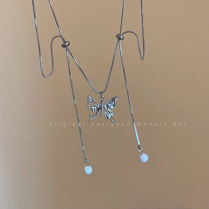 Silver Butterfly Pull Necklace Femininity Cold Wind Light Luxury Clavicle Chain Fashion 2023 New Versatile Necklace