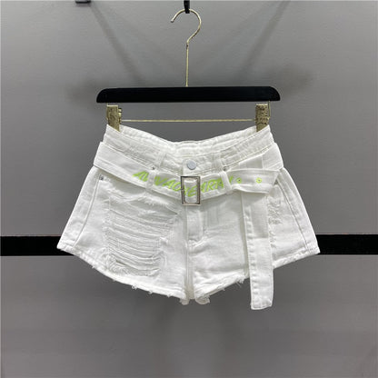 Beggar's hole hot girl denim shorts women's 2023 summer new style with long and thin A-line wide-leg hot pants