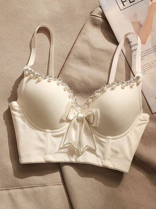 French style beaded fishbone sling camisole women's inner sexy bow beautiful back underwear small chest push-up top