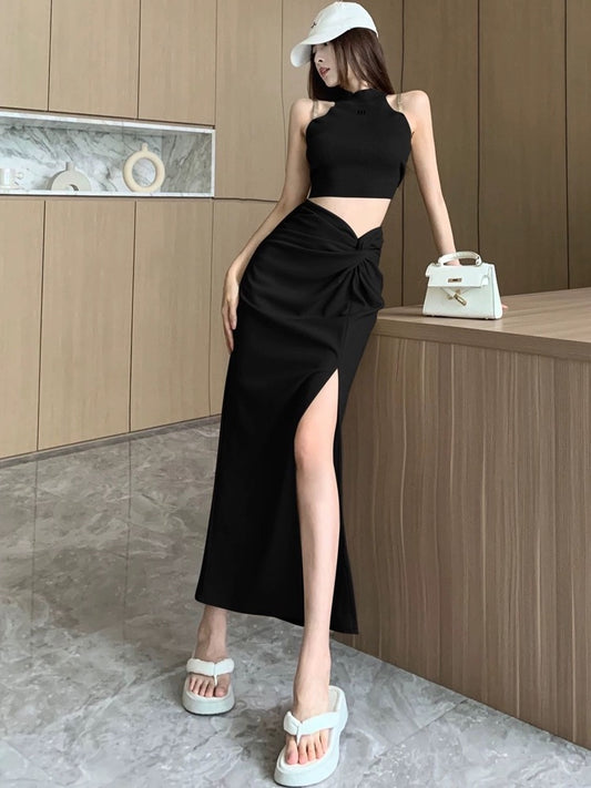 Black slit suit skirt women's summer thin design shirring high waist mid-length straight tube hip skirt