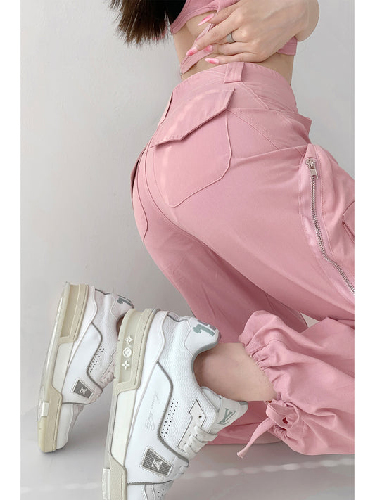 Improved daily version loose three-dimensional cut twill splicing wide-leg overalls women's multi-pocket parachute sweatpants