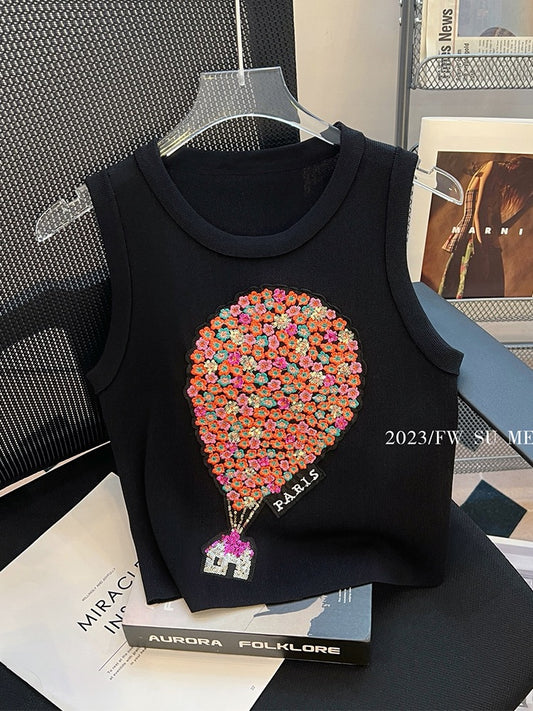 High-end heavy industry embroidery beaded balloon knitted vest women's summer new style foreign style light luxury short all-match top