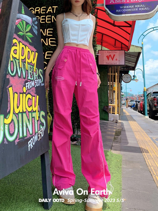 [Earth Shop] Rose Pink American Style Sweet Cool Spice Girls Casual Trousers Women's Summer Thin Section Loose Leg Sports Pants