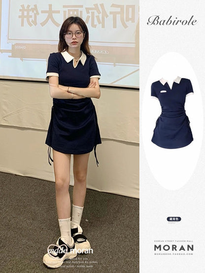American retro college style contrasting color polo collar short skirt sweet and spicy salt series small dress waist slimming summer
