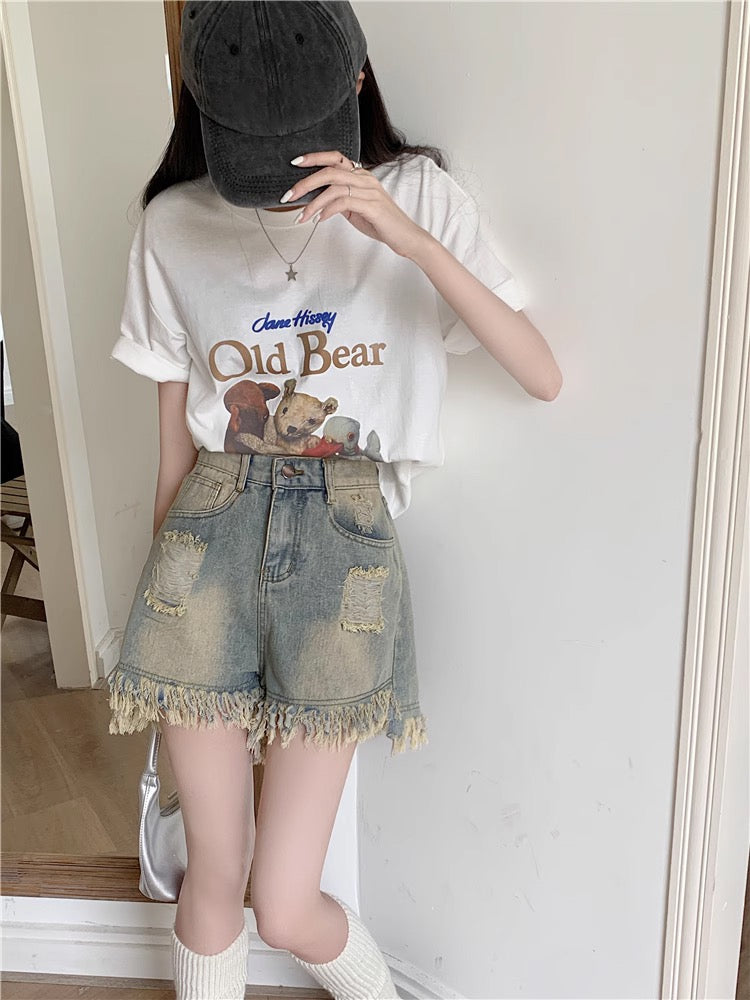 Kumikumi retro washed raw edge jeans short pants female summer hot