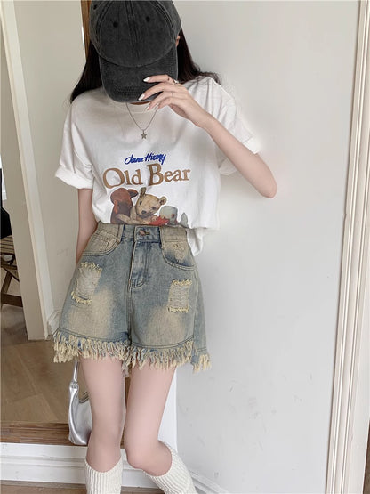 Kumikumi retro washed raw edge jeans short pants female summer hot girl high waist thin wide leg pants hot pants