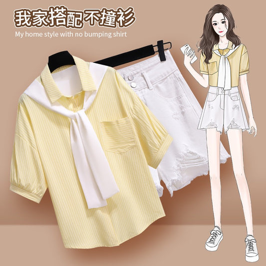 Shorts suit women's summer 2023 new small tea wear a complete set of professional leisure age reduction two-piece suit