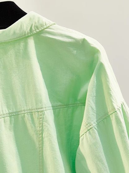 Fruit green back slit casual shirt women 2023 early autumn new Korean version loose all-match single-pocket shirt cardigan