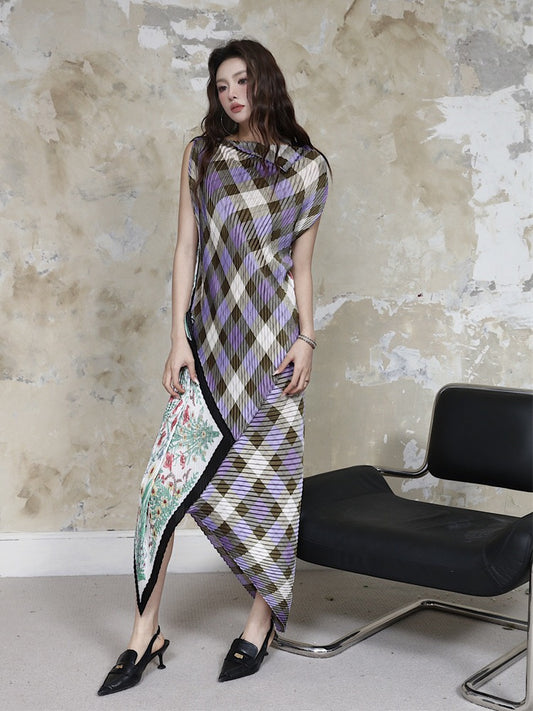 2023 summer niche design sense purple lattice flower irregular design pleated skirt high collar silk scarf skirt