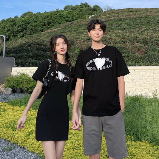 French couple clothes, summer clothes, niche design, hot girl style, love, thin dress, female T-shirt, short-sleeved two-piece set