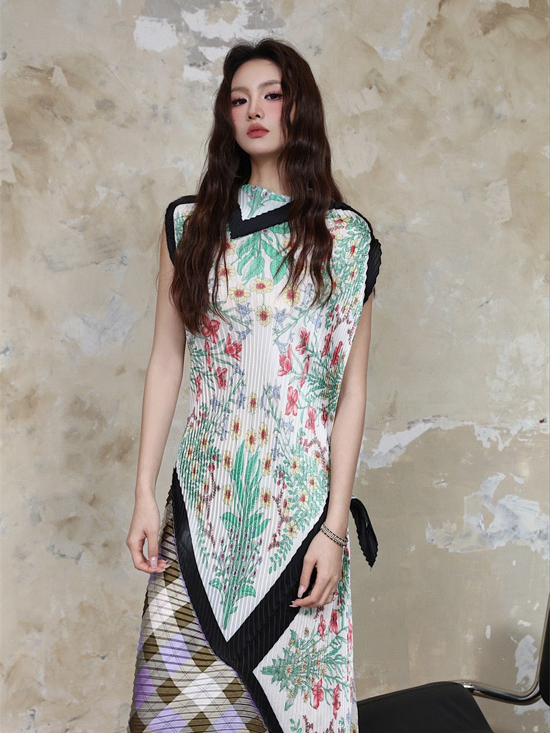 2023 summer niche design sense purple lattice flower irregular design pleated skirt high collar silk scarf skirt