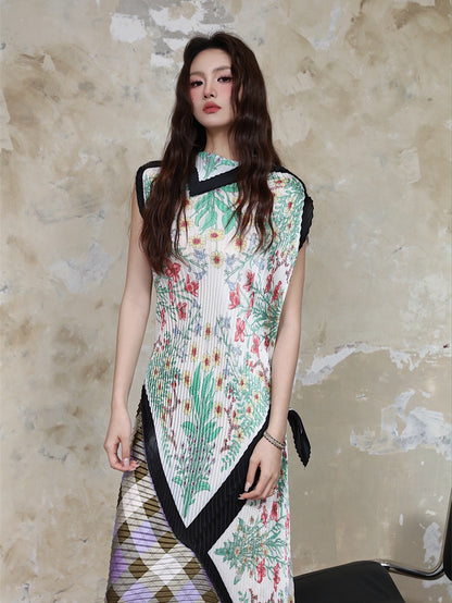 2023 summer niche design sense purple lattice flower irregular design pleated skirt high collar silk scarf skirt