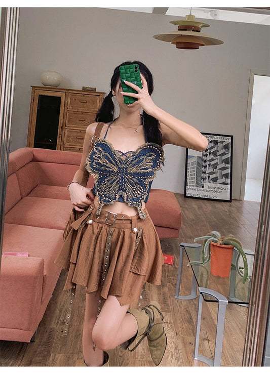 [Earth Shop] Blue Heavy Industry Butterfly Beaded Tassel Camisole Summer Women's Embroidered Short Slim Top