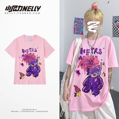 Ins tide brand Harajuku style summer cotton short-sleeved men's and women's printed loose large size top hip-hop couple fat T-shirt