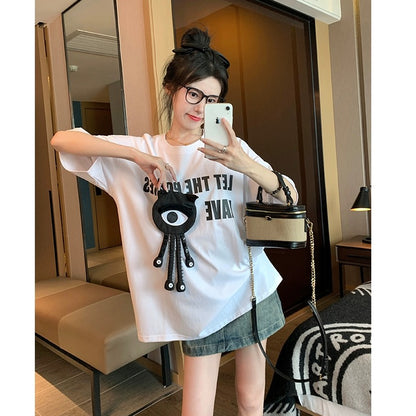 White front shoulder short-sleeved t-shirt women 2023 new summer American tide brand loose slim three-dimensional doll T-shirt tide
