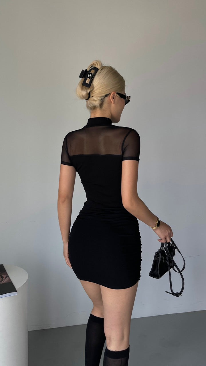 Iya Black mesh stitching dress women's summer new high waist self-cultivation sexy hot girl pleated hip skirt