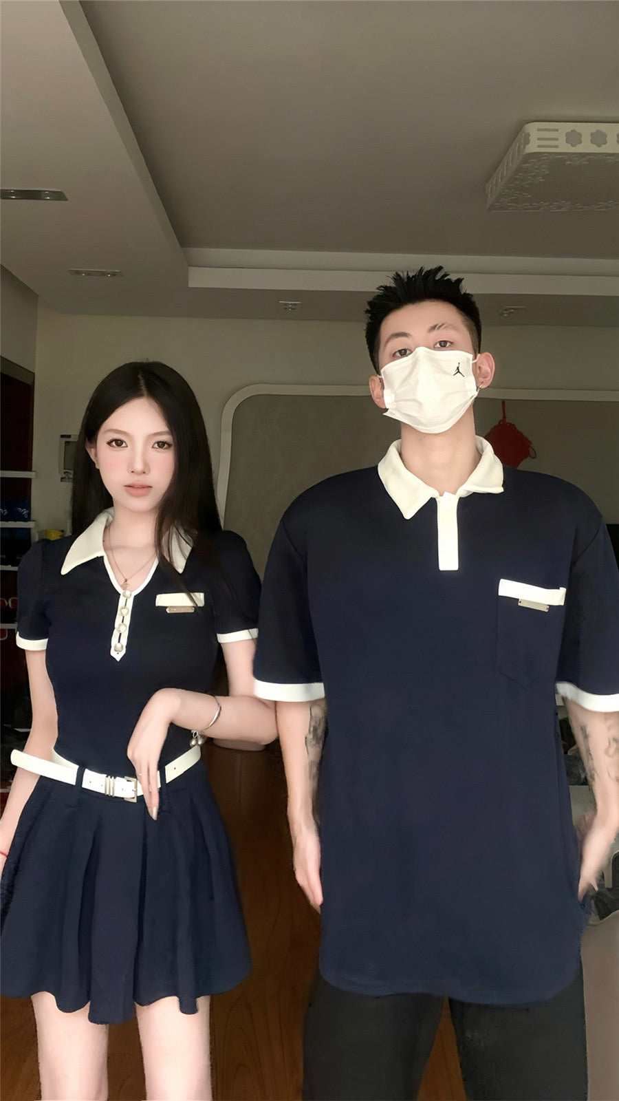 Niche design sense couple outfit summer Korean version polo short-sleeved T-shirt female dress French one skirt one clothes ins tide