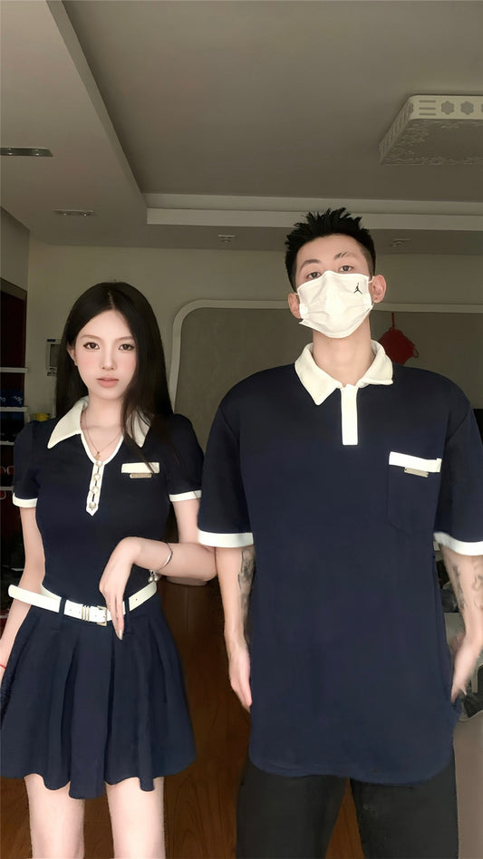 Niche design sense couple outfit summer Korean version polo short-sleeved T-shirt female dress French one skirt one clothes ins tide