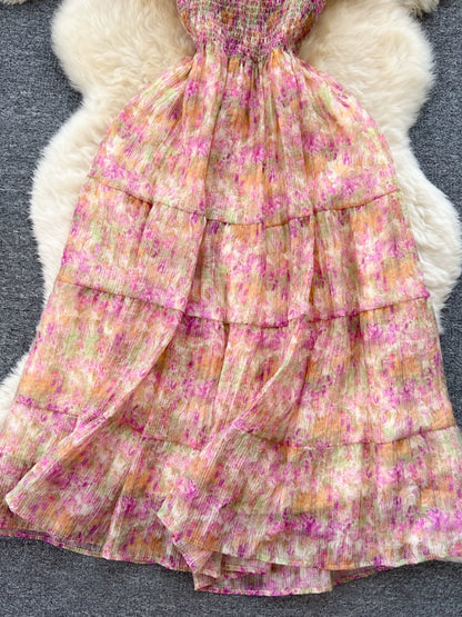 Sweet French wood ear strap floral chiffon dress female waist slimming temperament super fairy forest first love skirt