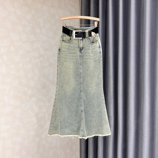 Tall denim skirt women's summer new slim fit nostalgic nostalgic retro raw edge high waist fishtail long skirt trendy
