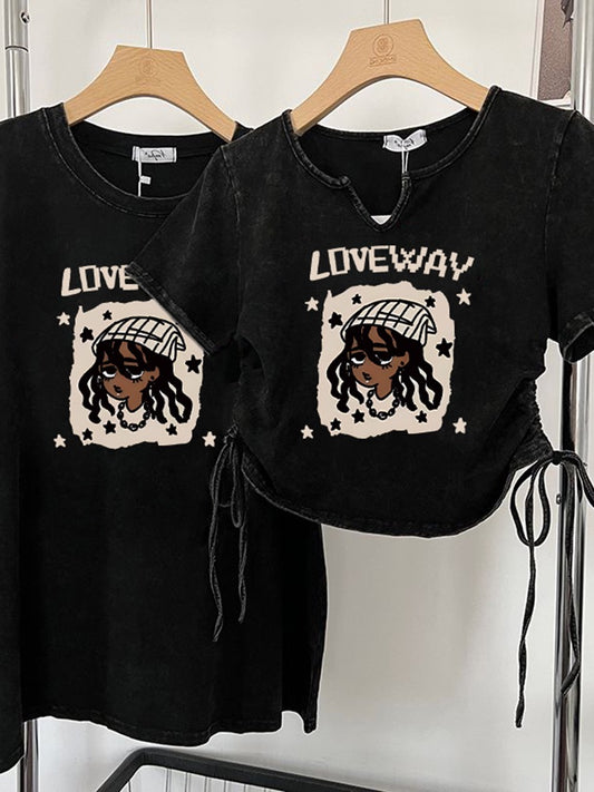 American retro old washed short-sleeved t-shirt women's summer t-shirt short drawstring hot girl unique top super nice