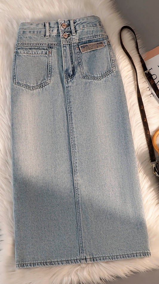 Slit denim skirt women's summer new high waist mid-length pear-shaped hip-covering a-word small bag hip skirt