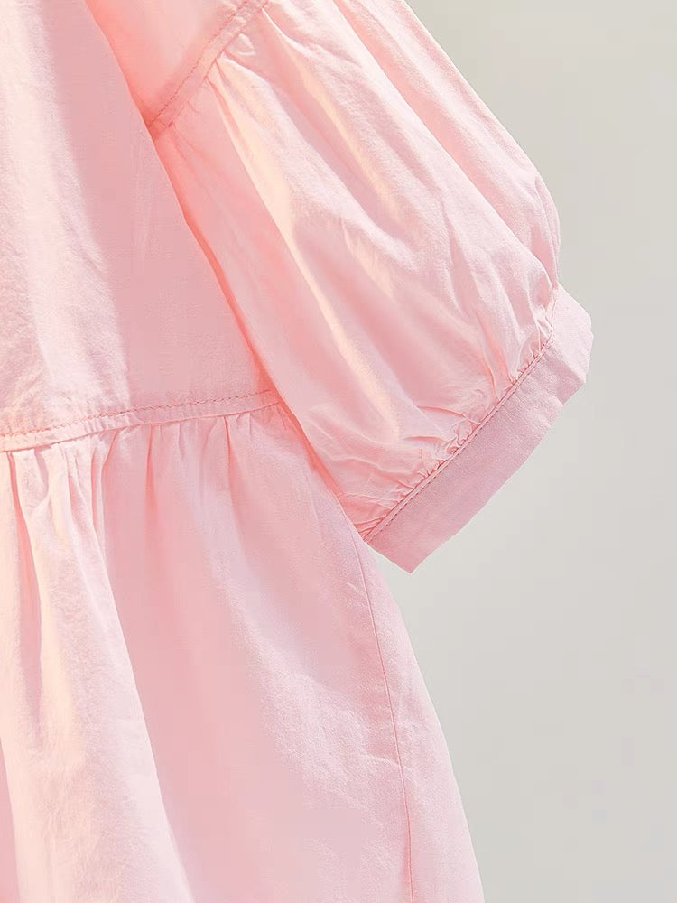 Round neck pink lantern sleeve doll shirt female 2023 summer new Korean fan art loose casual shirt shirt top