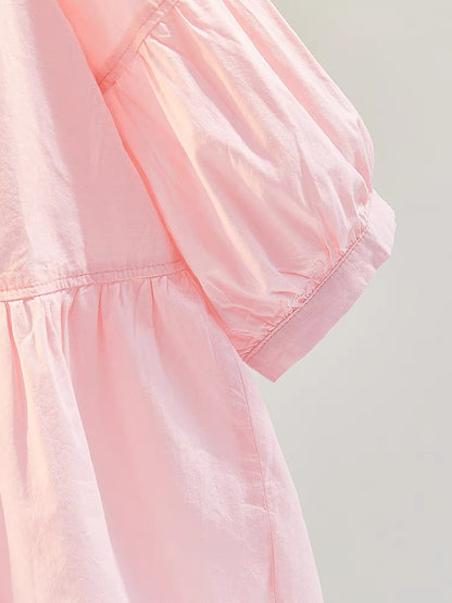 Round neck pink lantern sleeve doll shirt female 2023 summer new Korean fan art loose casual shirt shirt top