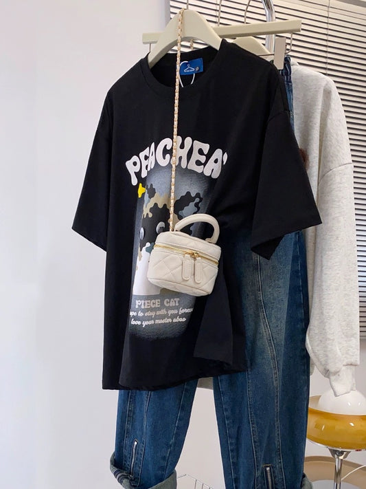 JWNEED cute cat couple outfit T-shirt women's summer loose dopamine wear milk sweet print short-sleeved top