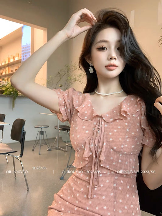 Qiu Rouyao's new polka-dot waist slimming puff sleeves short-sleeved wooden ears high-quality chiffon dress for women summer
