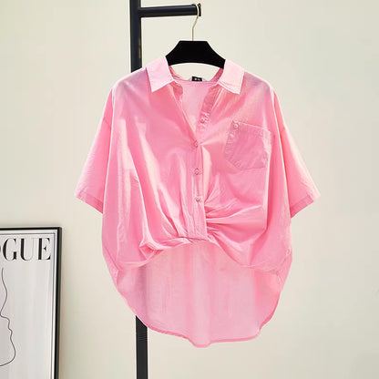 Rose red pleated pullover short-sleeved shirt women 2023 summer new Korean version single pocket casual literary shirt top
