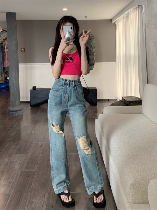 Kumikumi retro blue jeans women's summer high waist slim mopping trousers hole straight wide leg pants