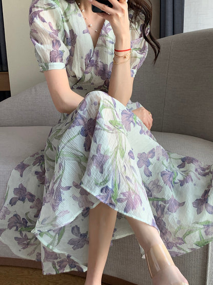 FT GUOGE floral dress female 2023 summer new French tea break seaside vacation V-neck tencel long skirt