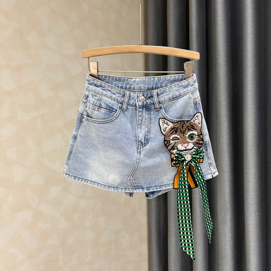 Light blue denim short skirt women's summer new age-reducing all-match design sense tiger head high waist wide leg a-line hot pants