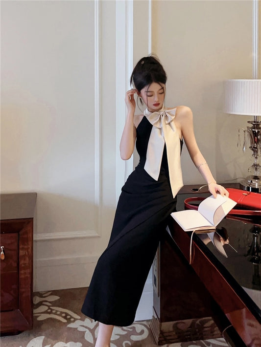 Bowknot halter neck dress women's summer waist mid-length skirt small black Hepburn style hip skirt