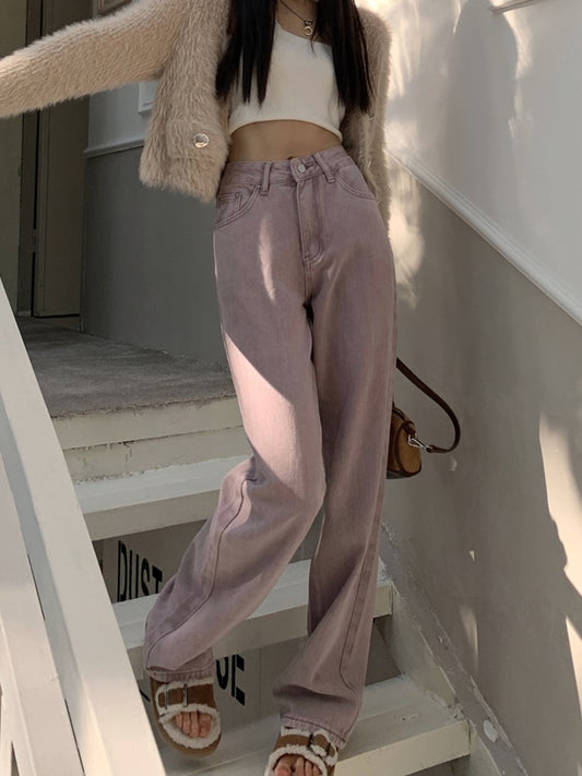 Purple jeans women's high waist loose mopping trousers new summer slimming all-match straight-leg pants wide-leg pants trendy
