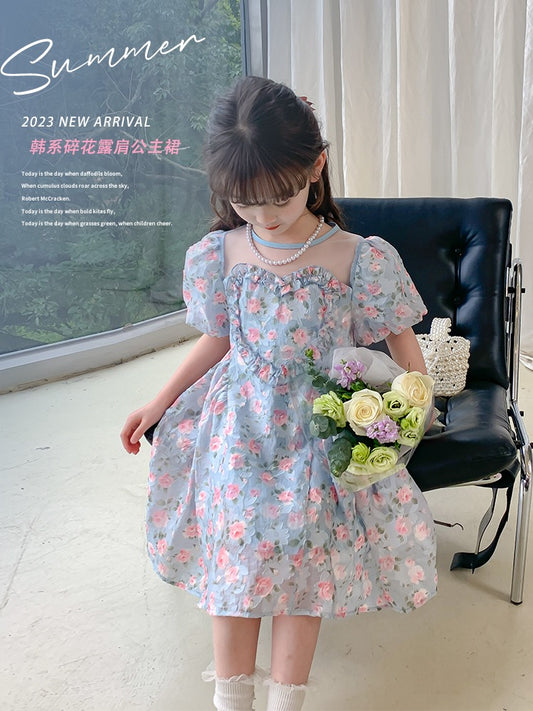 Girls summer dress 2023 new Korean style foreign style children's skirt summer little girl puff sleeve princess dress