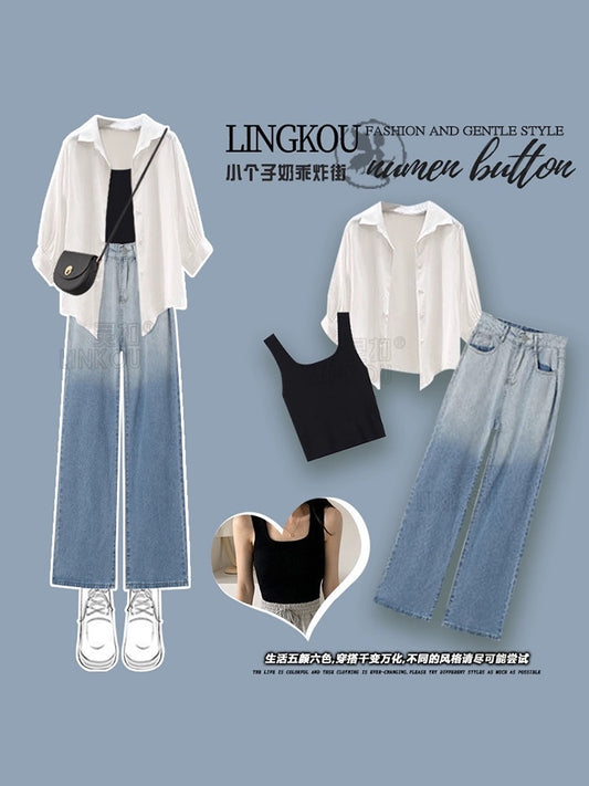 Small summer suit women's new gentle style fried street milk good jacket gradient jeans high-end three-piece suit