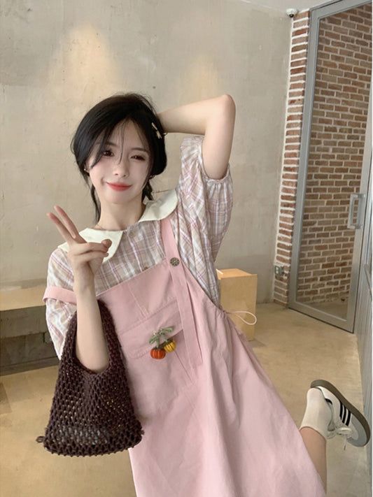 Sweet design sense drawstring pink strap dress striped doll collar shirt female summer new fashion suit