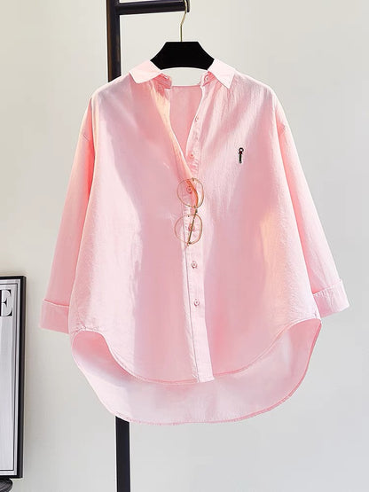 Pink embroidery literary long-sleeved cotton shirt women 2023 early autumn new Korean version loose casual shirt thin coat cardigan
