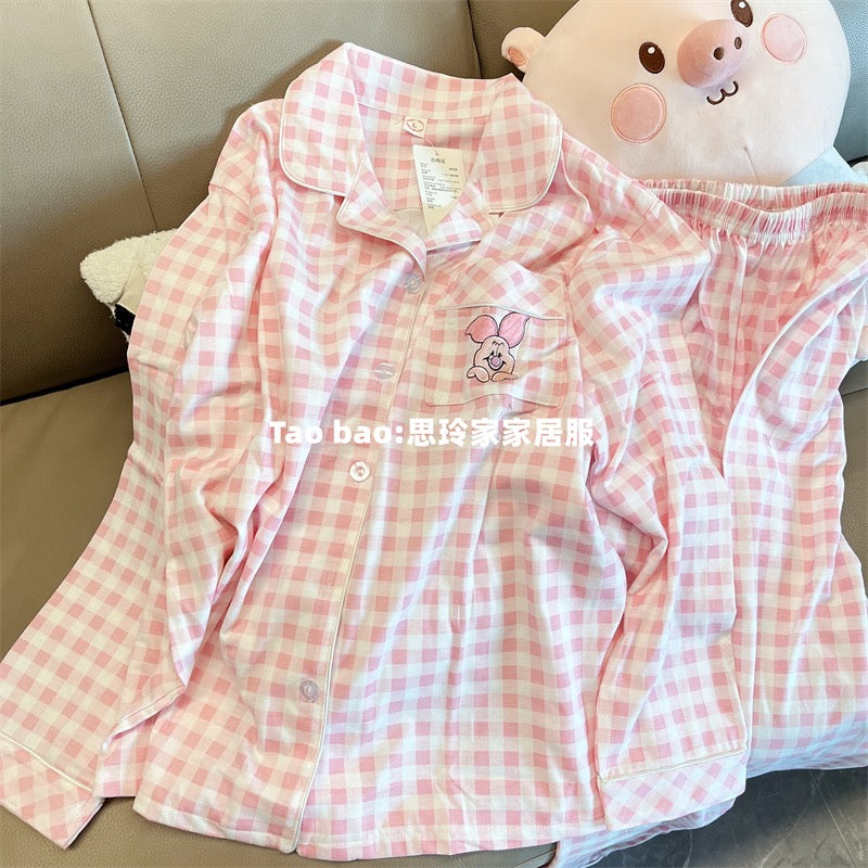 Japanese plaid Piglet pajamas women's pure cotton long-sleeved spring and autumn ins style simple small fresh home clothes