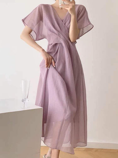 ICTS Half Poetic Half Fireworks Dry Pink Rose Cross Neck Pleated Elegant Translucent Skin-Revealing Dress