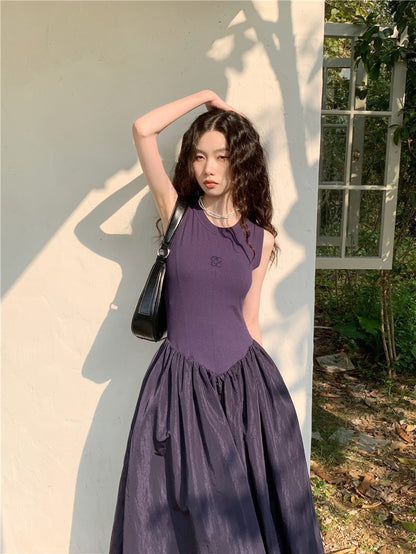 French retro dress women's high-quality navy blue knitted stitching glossy nylon sports long skirt dress